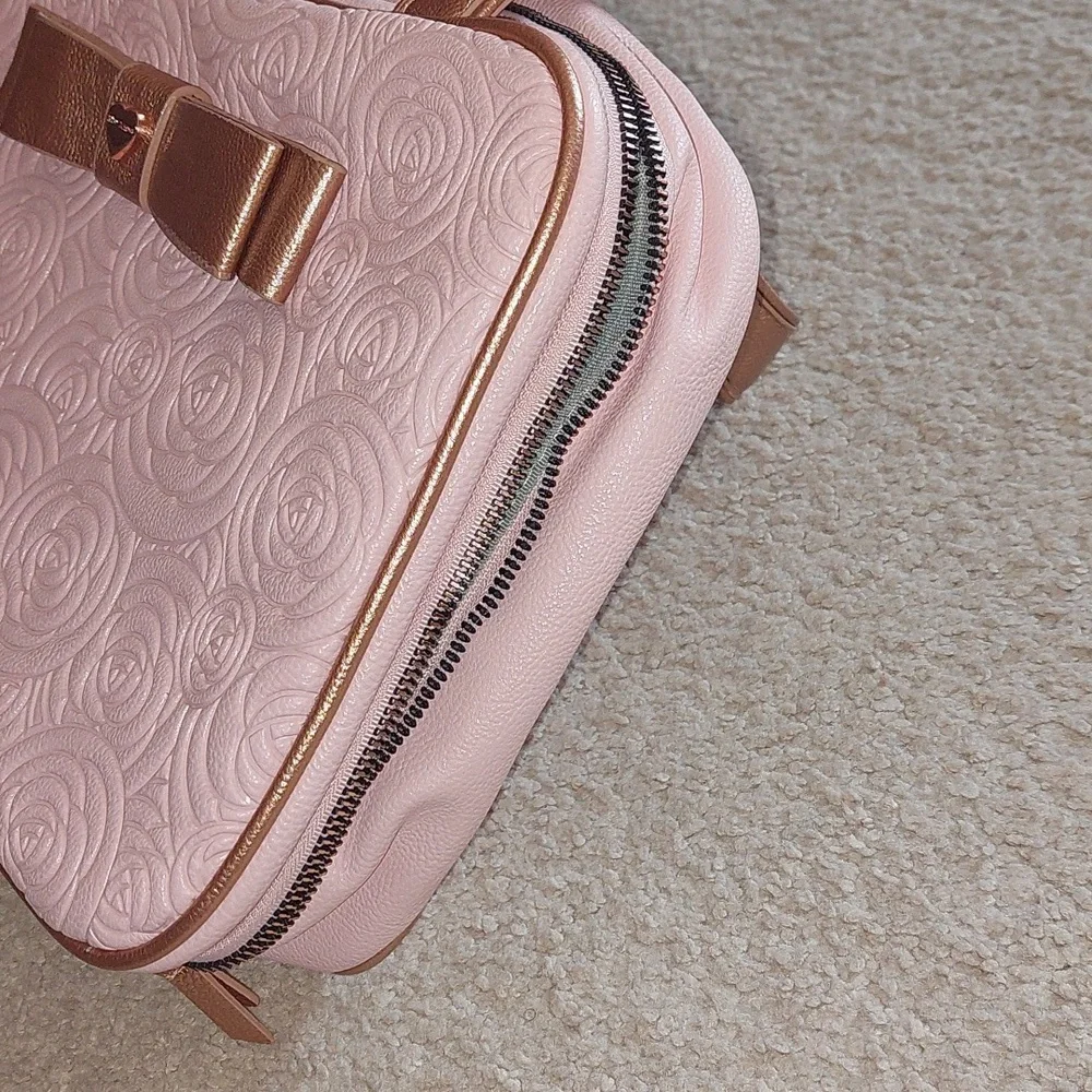 Betsey Johnson Pink Rose Gold Floral Bow Travel Cosmetic Bag